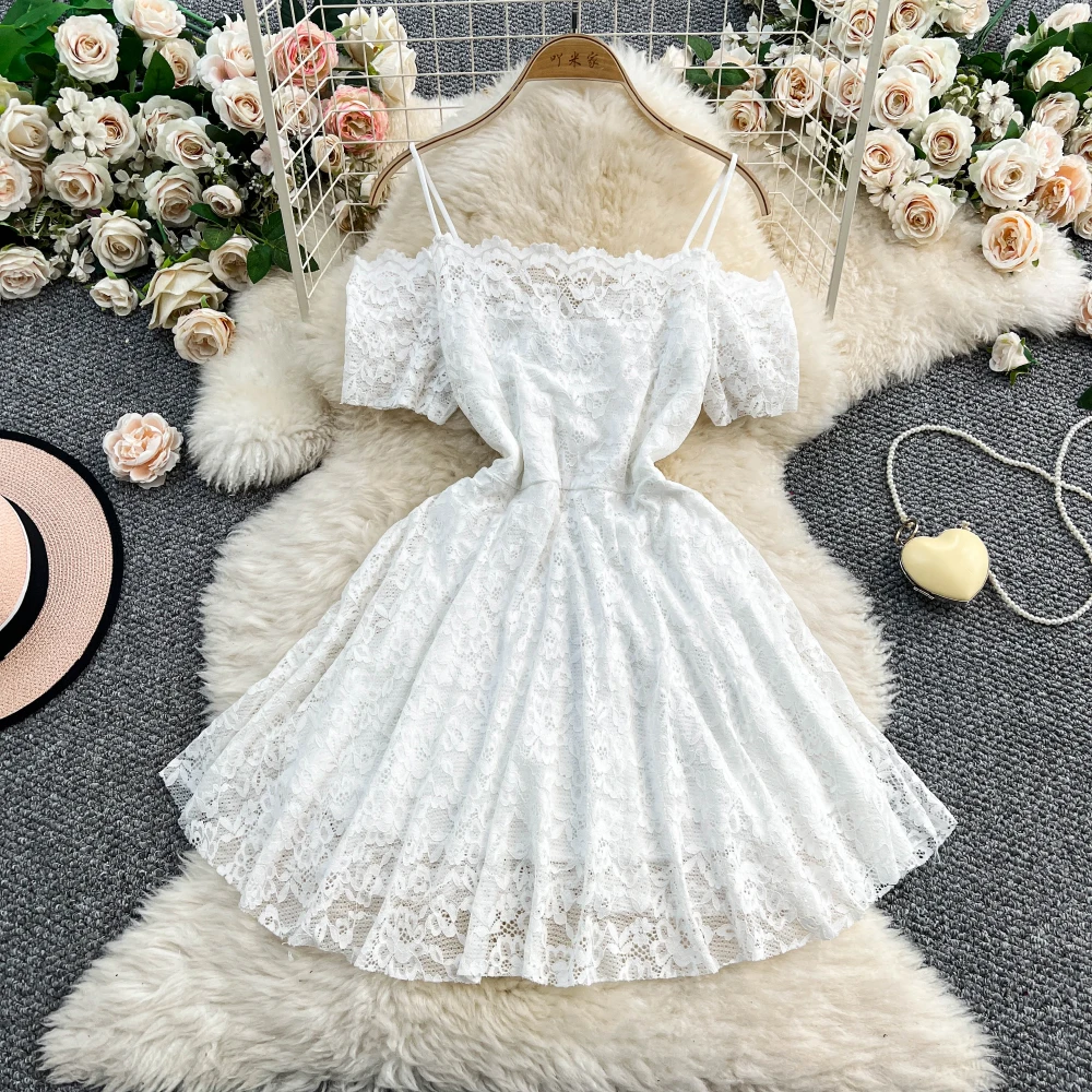 Frauen Sommer Spitzenkleid Koreanische Sexy A-Line Kurze Slash Neck Off Schulter Sexy Kleider Party Club Tragen für 18-24 jahre Alt