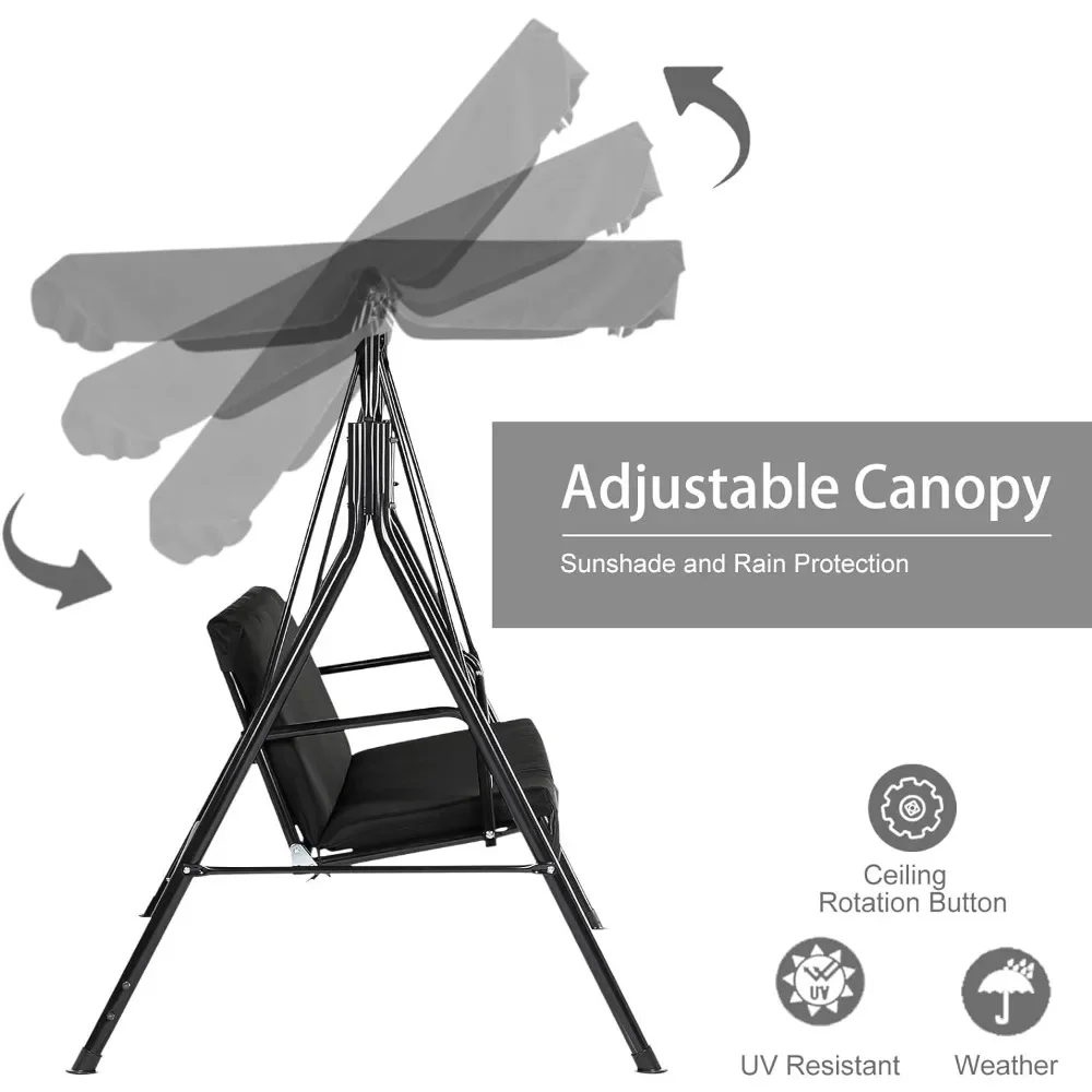 Outdoor Patio Swing Chair for Adults, 3-Seat Porch Swings with Adjustable Canopy, Outside Swing Bench with Removable Cushion