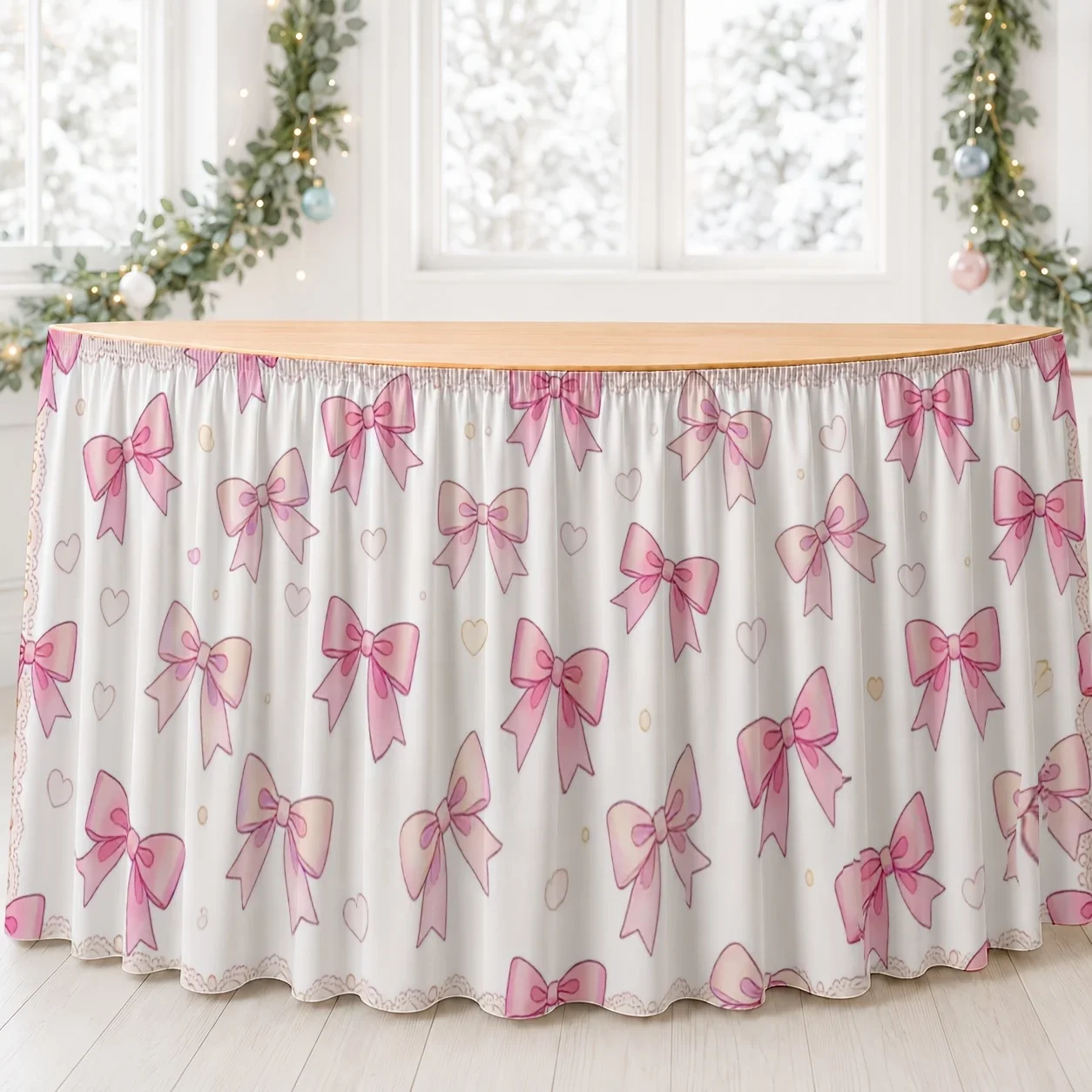 One table skirt with a butterfly knot pattern printed on it. A sweet and romantic design in a delicate pale pink color.