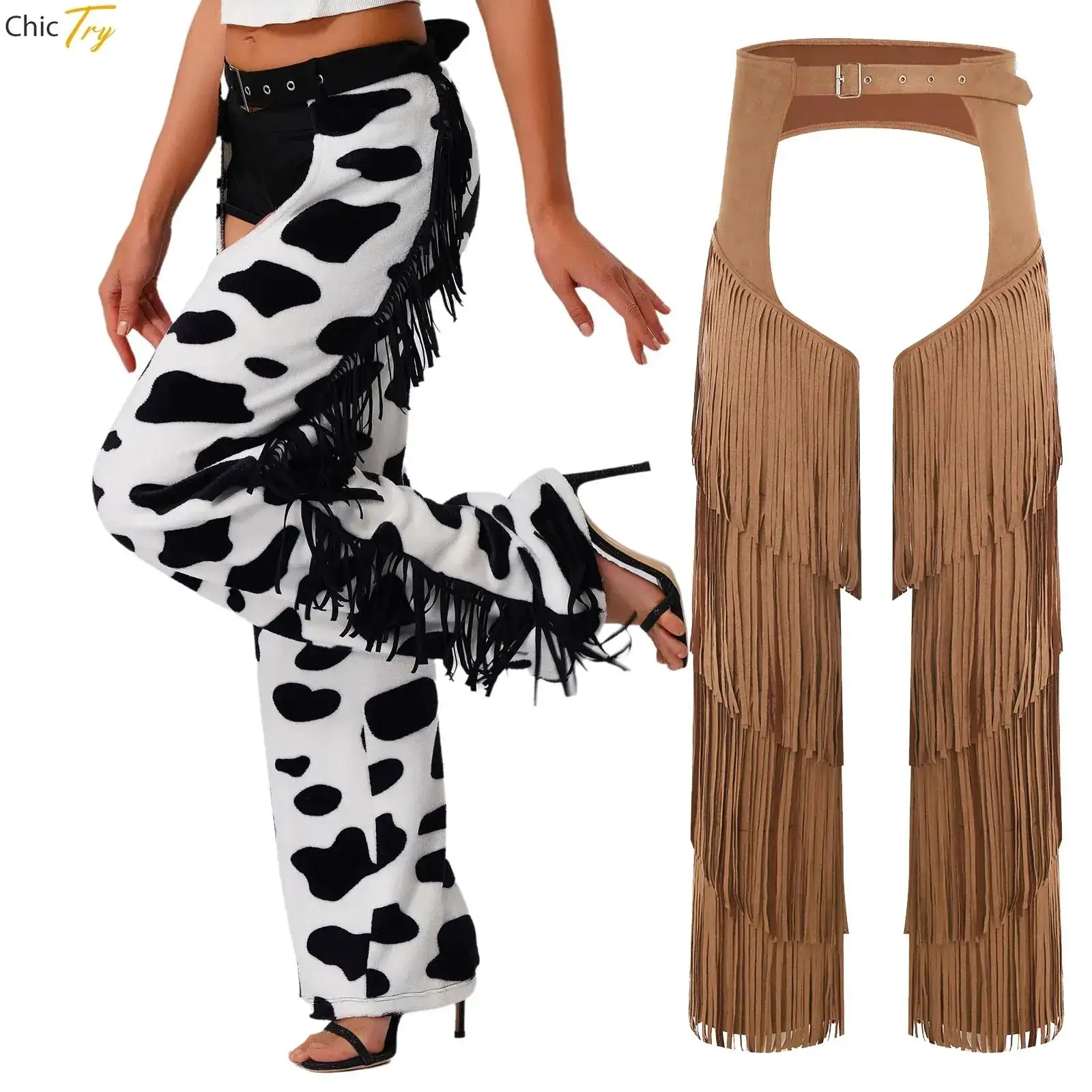 Pantalones de franela con manchas de vaca para mujer, disfraz de vaquero de Halloween, pantalones de vaquera con entrepierna abierta, borla lateral para montar en bicicleta