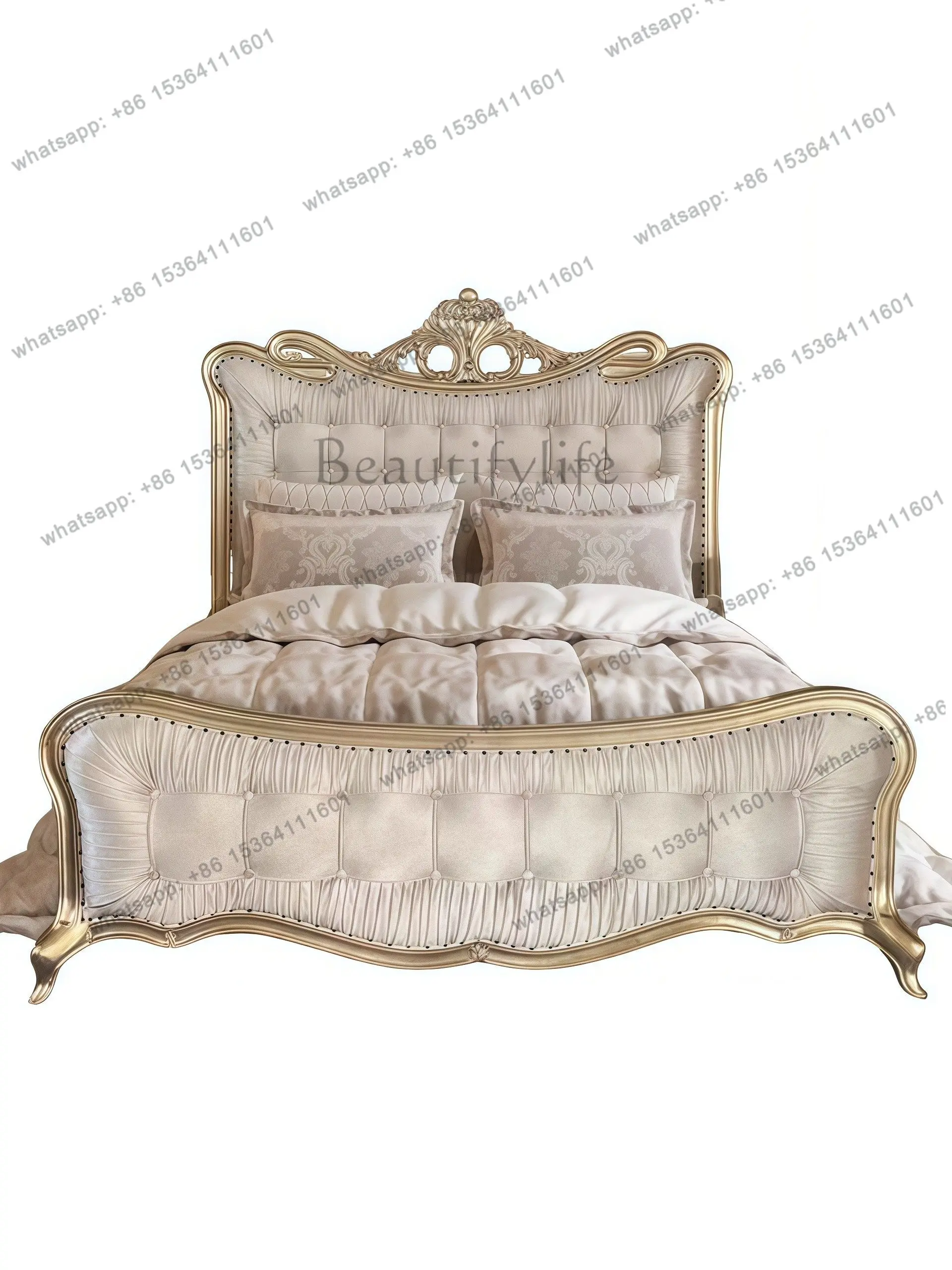 

French light luxury court style American solid wood bed modern simple carved fabric soft bag high-end European princess bed