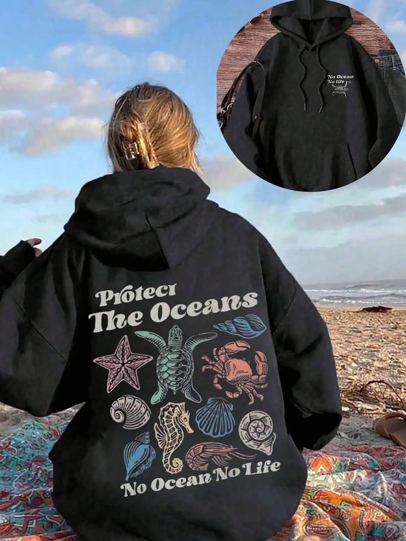 

Женская толстовка с графическим принтом «Защита океана», свободный крой, длинный рукав, повседневный пуловер для пляжа, путешествий и повседневной носки