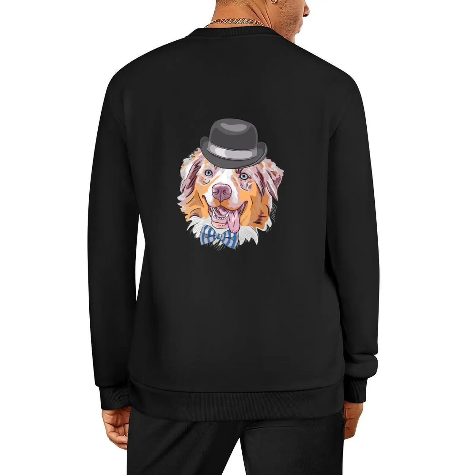 

Cute dog aussie blue merle with top hat and bow tie, Australian shepherd Pullover
