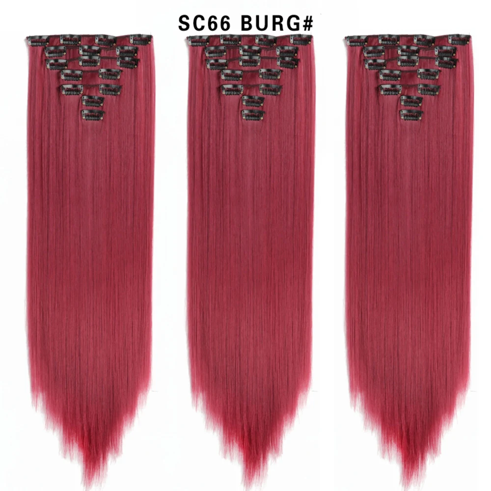 Extensões sintéticas longas de cabelo reto, fibra de alta temperatura, vermelho, preto, marrom, pedaço, pedaço, 16 clipes, 24 \