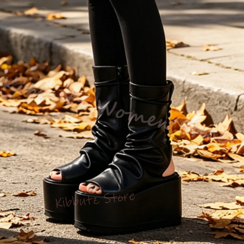 Lace-Up Thick Bottom Sandals Platform Ankle Boot Leather Round Toe Solid Color Goth Punk Style Elegant Concise Fashion Novelty - view 3