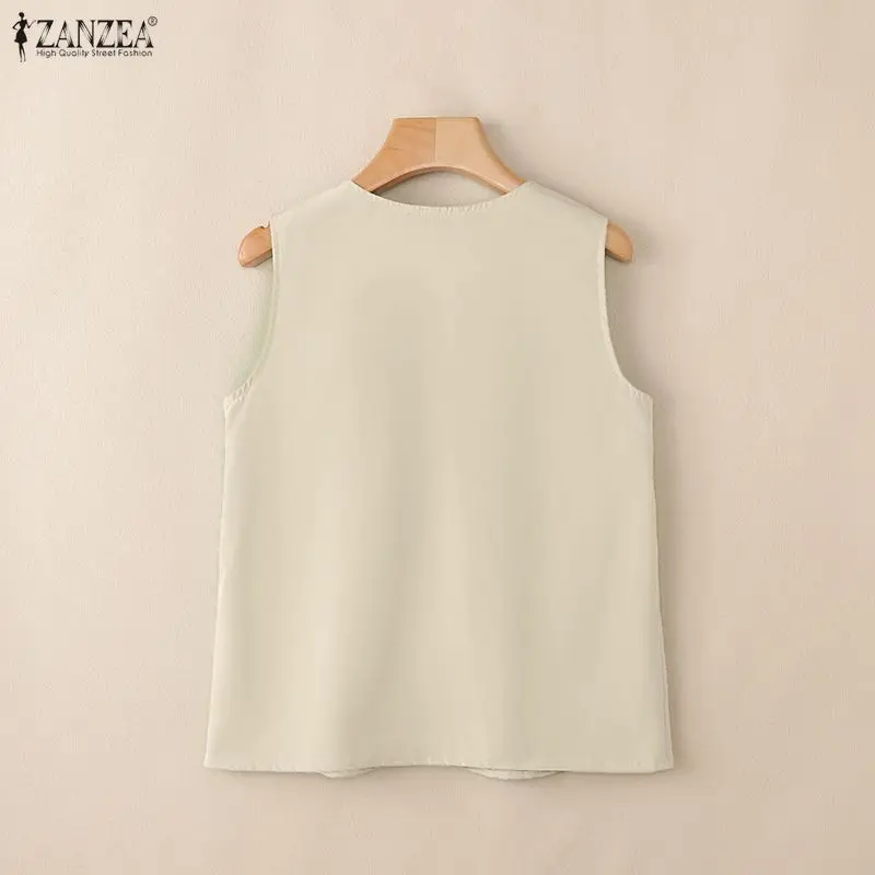 ZANZEA Sommer-Tanktops ohne Ärmel, stilvolle Damen-Tops mit V-Ausschnitt, elegante Spitzen-Patchwork-Urlaubsbluse, lässige, lockere Strand-T-Shirts – Detail 10