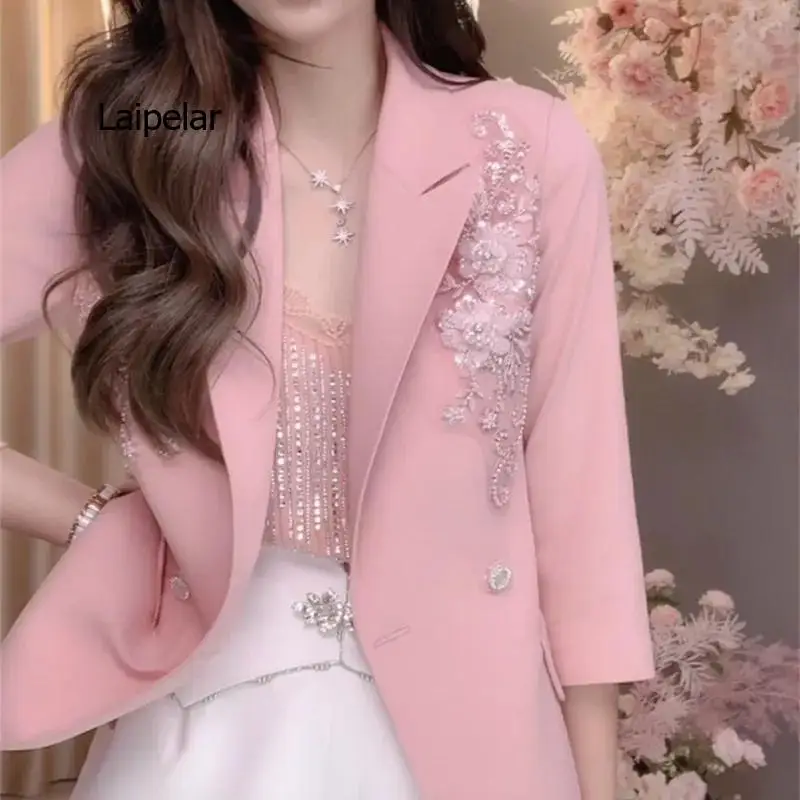 Embroidery Three-Dimensional Carved Hand Made Female Suit Jacket Summer Temperament Three Quarter Sleeves Elegant Women's Blazer