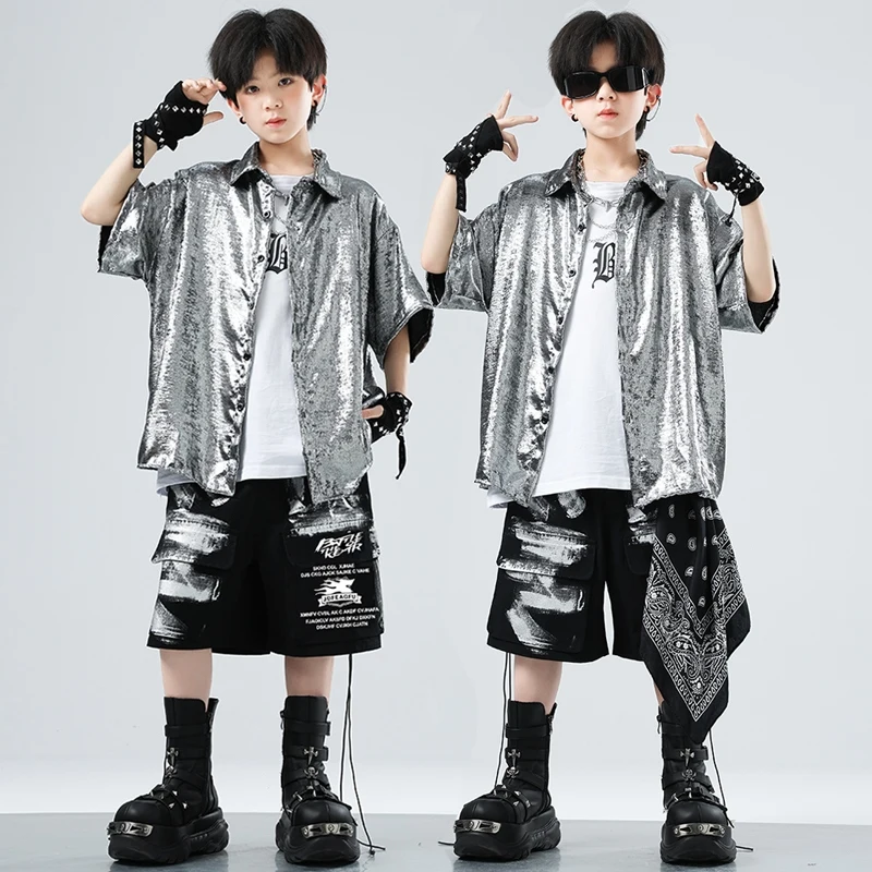 

Kids Hip Hop Dance Costume Silver Leather Coat Black Shorts Boys Girls Stage Clothing Jazz Performance Outfits Summer BL15780