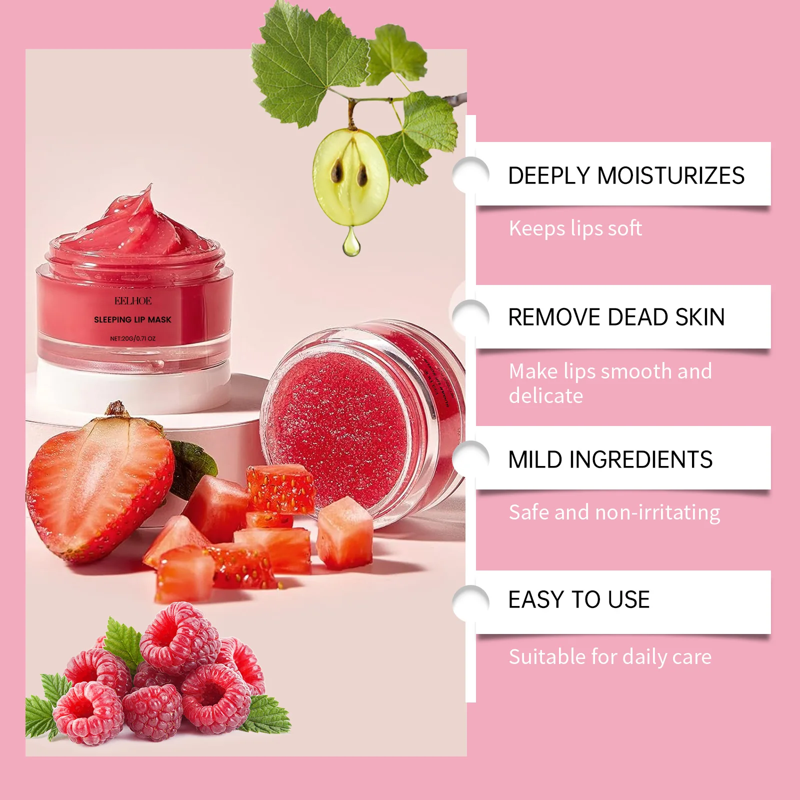 Kit de cuidados labiais com sabor de morango, máscara labial esfoliante de frutas, conjunto de duas peças, hidratante, cuidados labiais, remove pele morta, lábios suaves e delicados