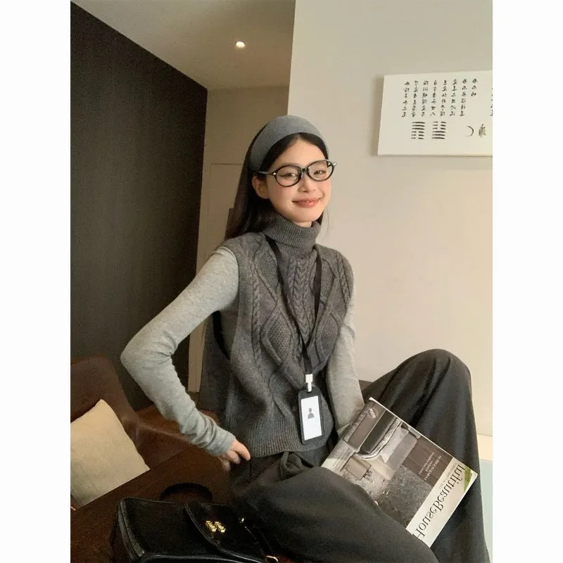 

Темно-серый вязаный жилет с высоким воротником, женский осенне-зимний двухместный свитер, жилет