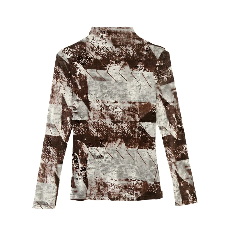 

New,European,Clothes,T-Shirt,Chic,Sexy,Turtleneck,Patchwork,Lace,Women,Tops,Long Sleeve,Velvet flocking tie-dyeing,Tees,510024