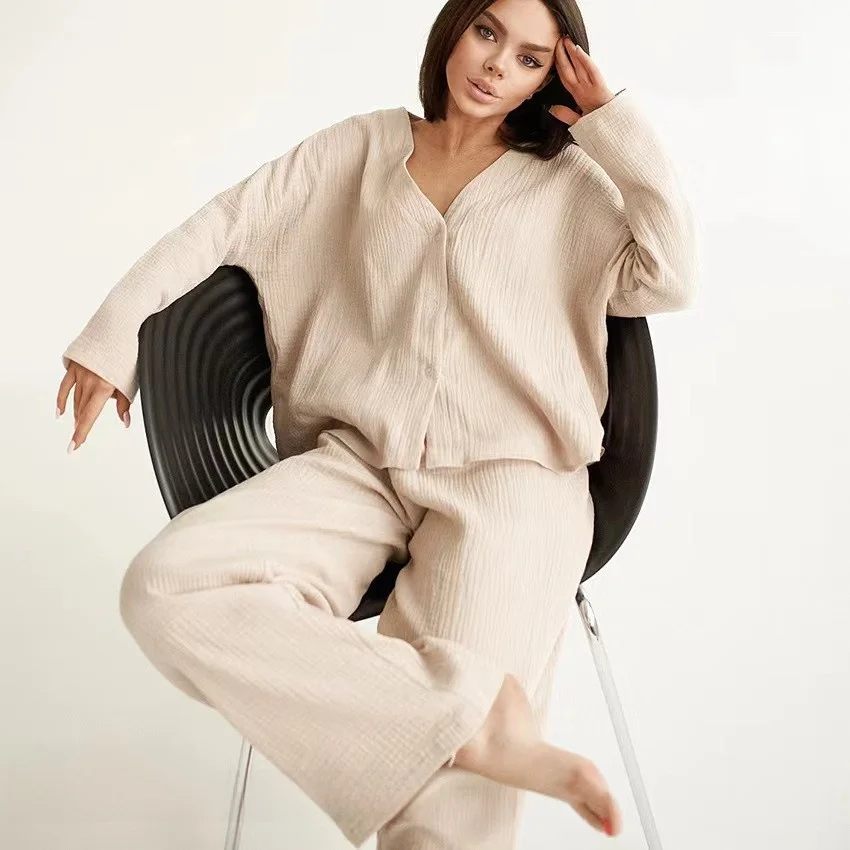 

Casual Loose Long Sleeve V-Neck Top Pants Set Fashionable Cotton Summer Outfit Women's Ensemble Elegant Comfortable Style