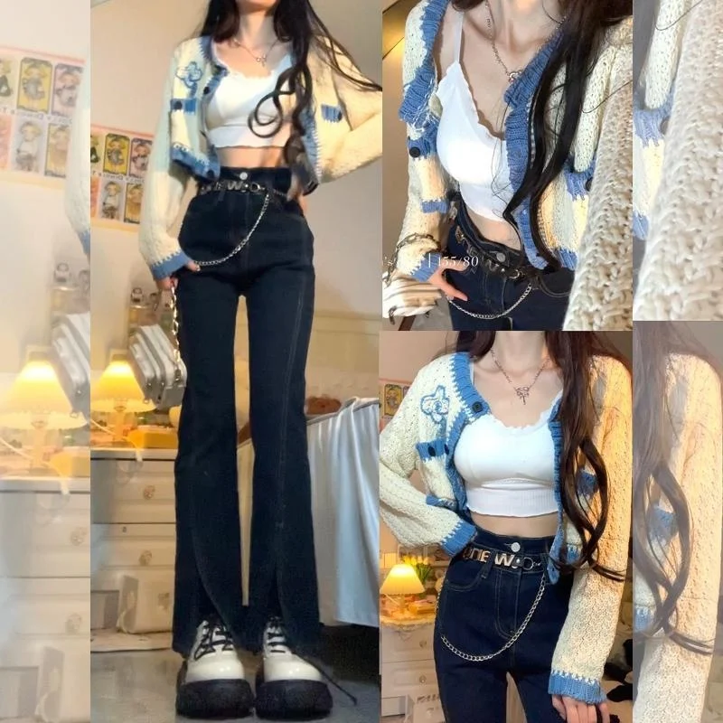 

Модный комплект из двух предметов: свитер и джинсы с высокой талией для женщин 18-25 лет, коллекция ранней осени