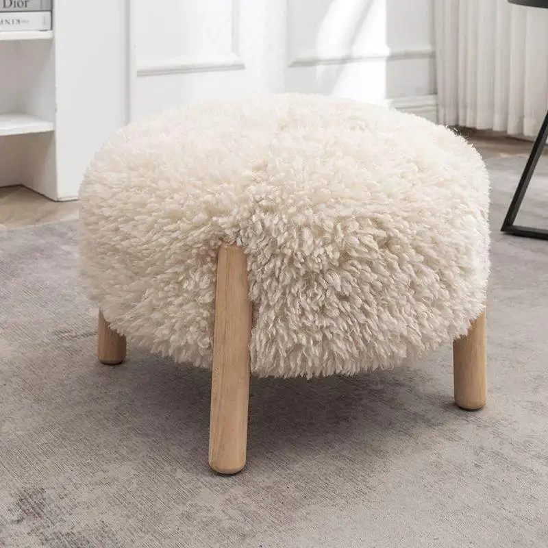 Nordic Creamy Ottoman, Solid Wood Footrest with Lambs Wool, Removable Washable Cover, Non Slip Pads, Stool for Sofa, Tea Table
