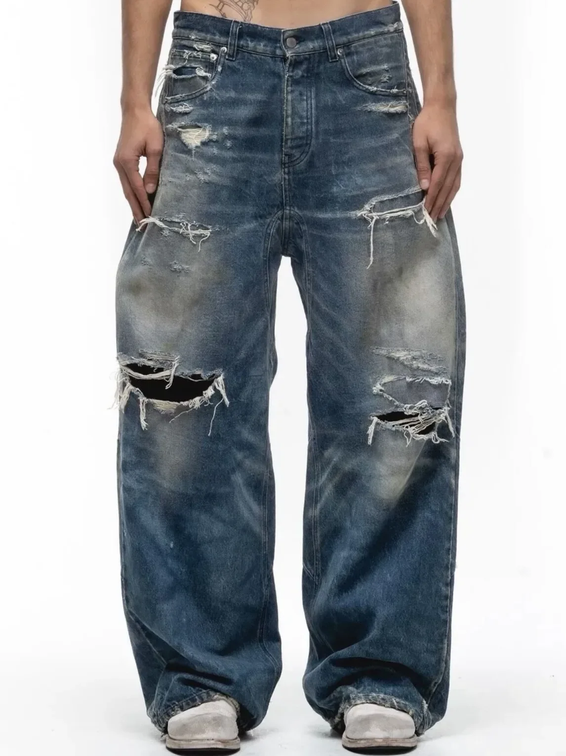 

No/faith Studios Ragged Ripped Dirty Pants Washed Blue Wide Leg Scimitar Baggy Jeans