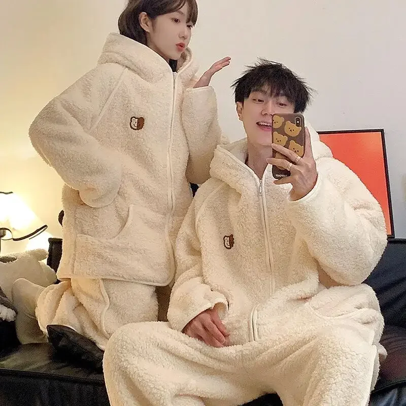 

2025 New Thicken Plush Pajamas Suit Male Female Cute Hooded Long Sleeves Pants Set Couple Coral Fleece Warm Lounge Clothes