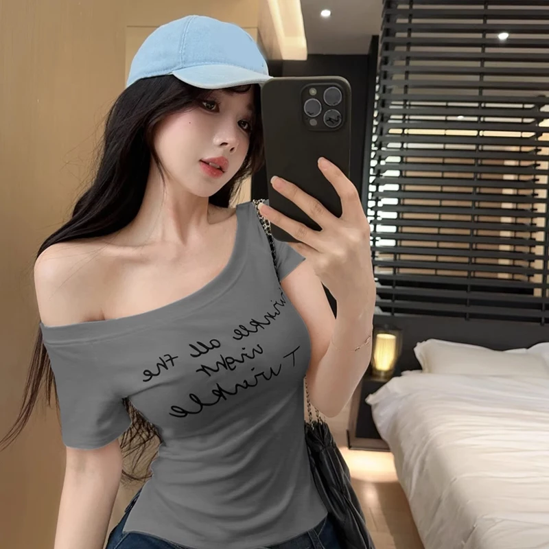 

Стиль Pure Desire, модная повседневная сексуальная футболка с открытыми плечами нестандартной формы для женщин