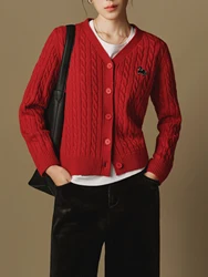 DUSHU【3 Colors】Women Dark Red Cardigans Coats 32.4% Wool Female V-Neck Cable Knitted Cardigan Women Grey Knit Tops 24DS84446