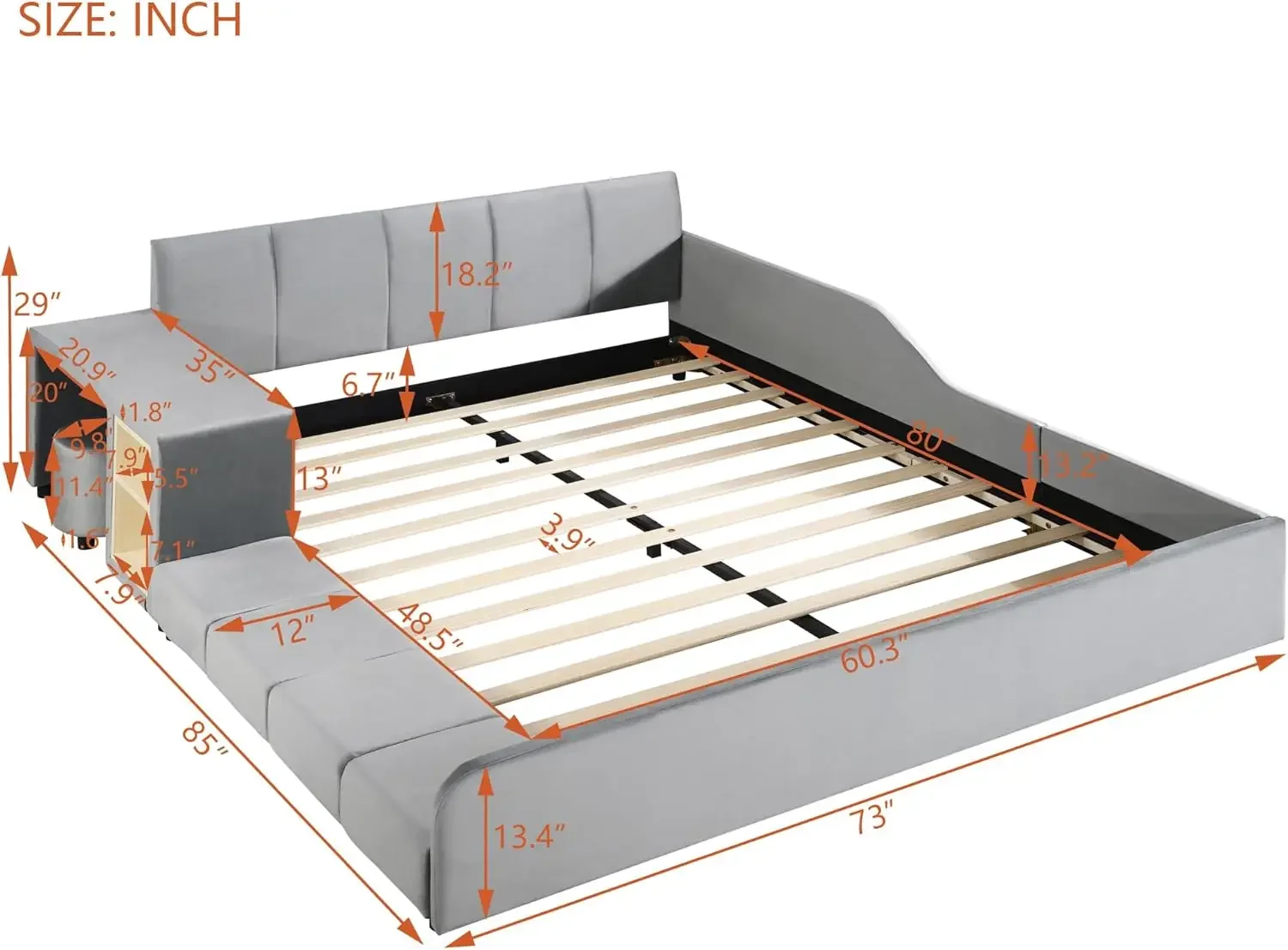 Velvet Upholstered Grounded Bed Platform Bed, Wooden Queen Size Mother & Child Bed Frame With Bedside Desk And Little Round