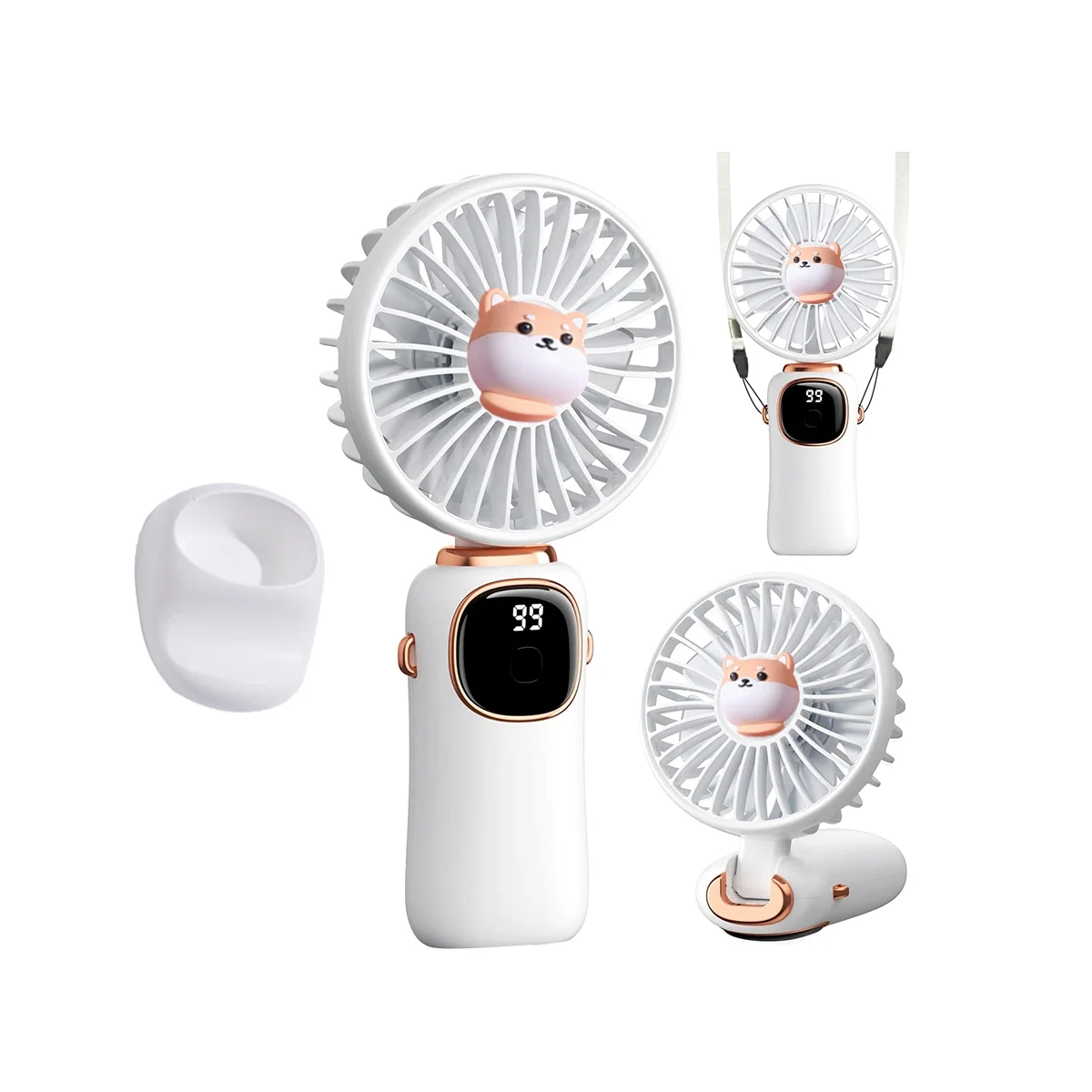 Portable Handheld Fan, 4000MAh Neck Fan with LED Display, Foldable Desk Fan with Base, 5 Speed Fan for Women White