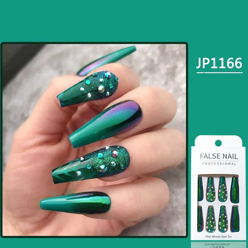 Glossy Long Coffin Press On Nails Green Gradient Style Fake Nails With Rhinestone Shiny Reusable False Nails For Women 24 Pcs