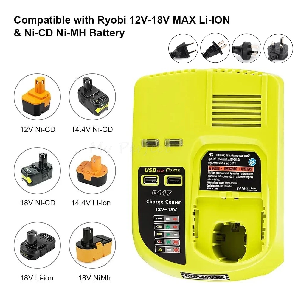 

P117 18V One+ Dual Chemistry Fast Battery Charger Совместимость с аккумулятором Ryobi 12V-18V Max и литий-ионной батареей Ryobi ONE+ Ni-Cd Ni-Mh P200 P102 с 2 портами USB Замена зарядного устройства Ryobi 18V Модель P117 P118 P119 P135 P118B 140153004 140