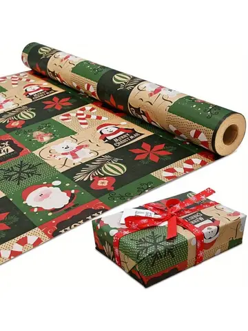 Christmas Wrapping Paper Roll - Festive Kraft Paper with Snowflake, Tree, and Ornament Patterns, Ideal for Holiday Gift Wrapping