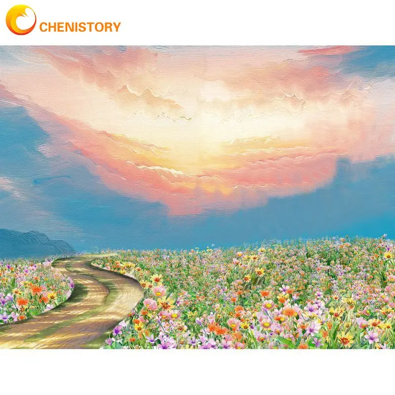 CHENISTORY DIY Oil Painting On Canvas Frame Acrylic Painting By Numbers Sea Of Flower Handpainted Wall Decor Gift Picture Paint