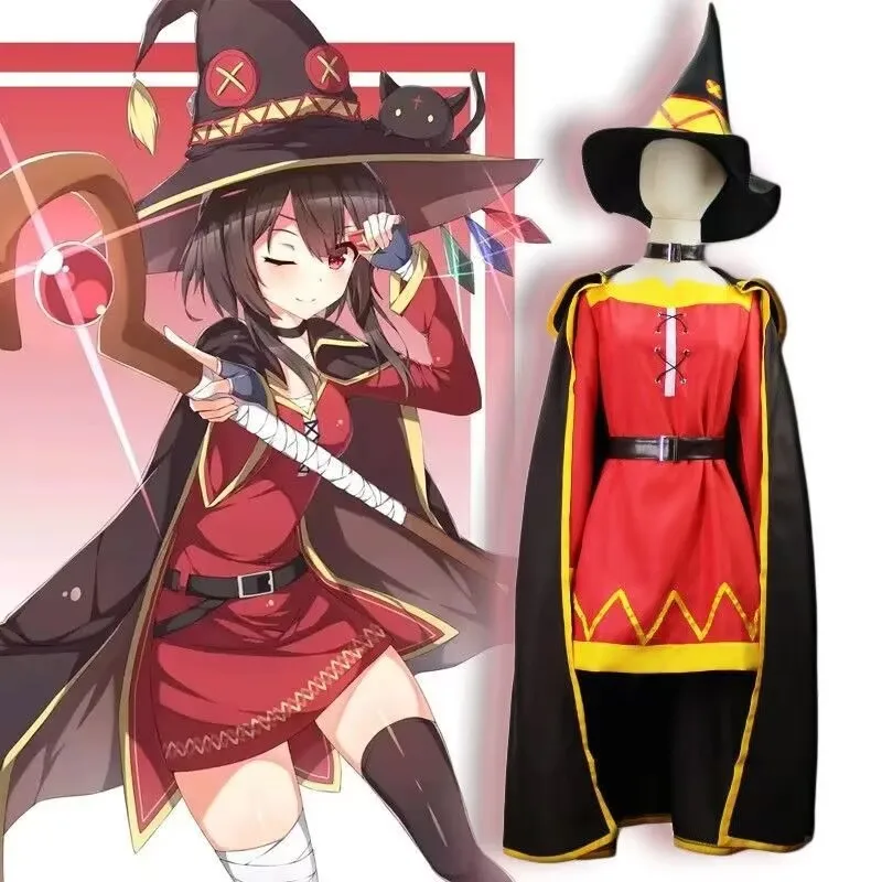 Anime Megumin Cosplay Kostüm Damen Zauberer-Kleid Umhang Outfits Megumin Cos Halloween Kostüme Strümpfe und Augenbinde