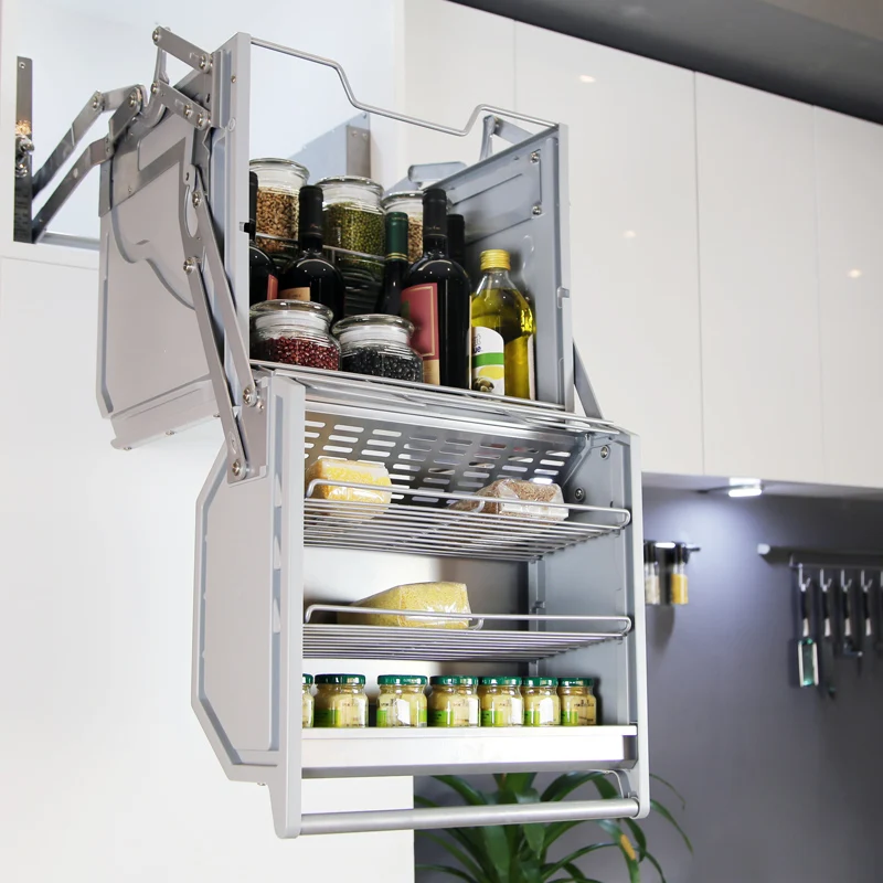 

Manual double-body storage of kitchen lifting basket and pulling basket down, hanging rack linkage lift