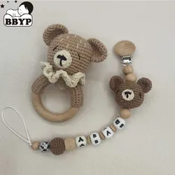 Baby Rattle Crochet Bear Teether Rattle With Bells Pacifier Chain Newborn Montessori Educational Toy Wooden Rings Baby Toys