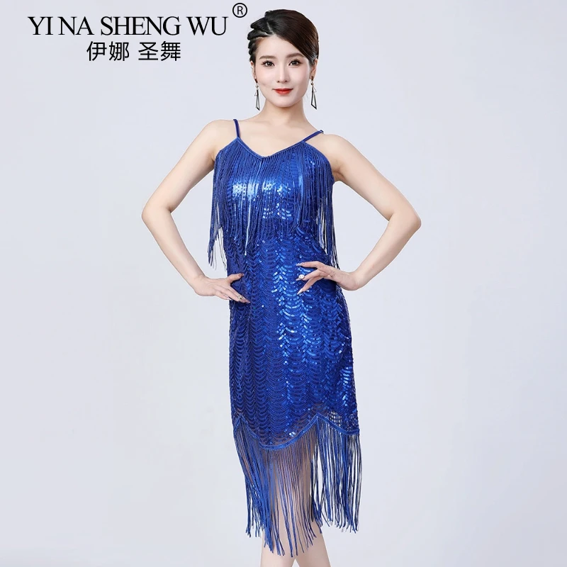 Robe de danse latine à franges pour femmes, nouvelle collection, Sexy, écharpe, paillettes, pompon, Costume de danse de salle de bal moderne, robe de Cocktail Gatsby