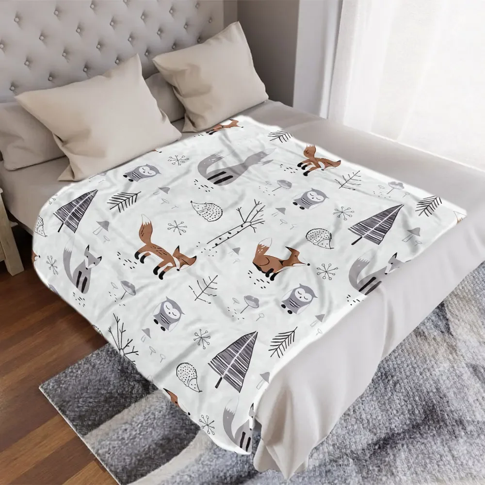 Whimsical Forest Animals Pattern Blanket - Soft, Cozy Monochromatic Throw with Foxes, Owls, Hedgehogs, Trees, Mushrooms & Snowfl