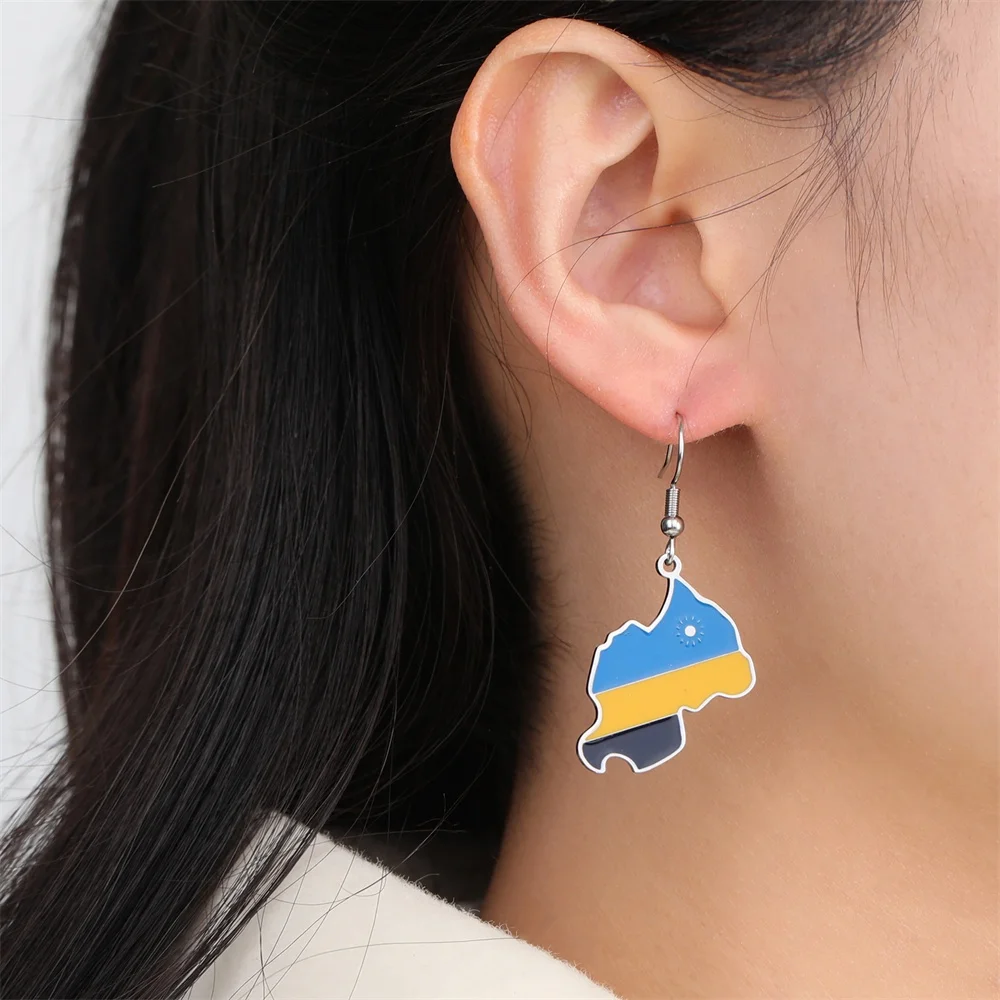 EUEAVAN Enamel Rwanda Map Pendents Dangle Earrings for Women Stainless Steel Trendy Rwandan Flag Ethnic Jewelry Gifts Wholesale