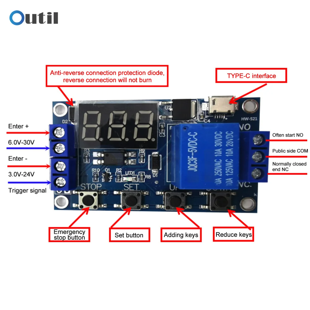 DC 1 Way LED Light Digital Time Delay Relay 5V 12V 24V Trigger Cycle Switch Timing Control Circuit Board 6-30V with Micro Type-C