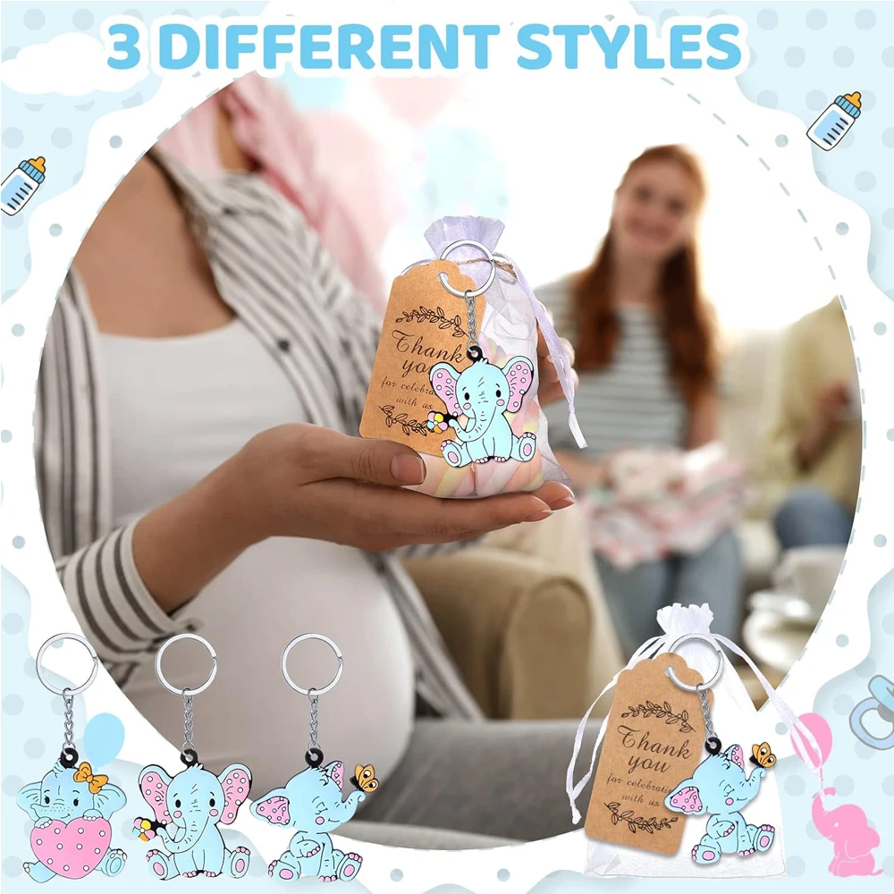 12set elephant keychain shower gift with hard gauze bag  label and rope suitable for guests  girls boys birthday party supplies