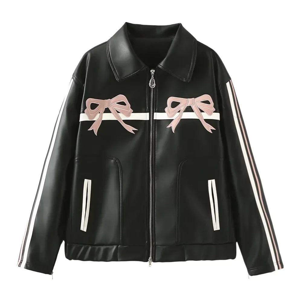 Spring New Women\'s Fashion Style Loose And Versatile Sweet Cool Bow Decoration Flip Collar Leather Coat