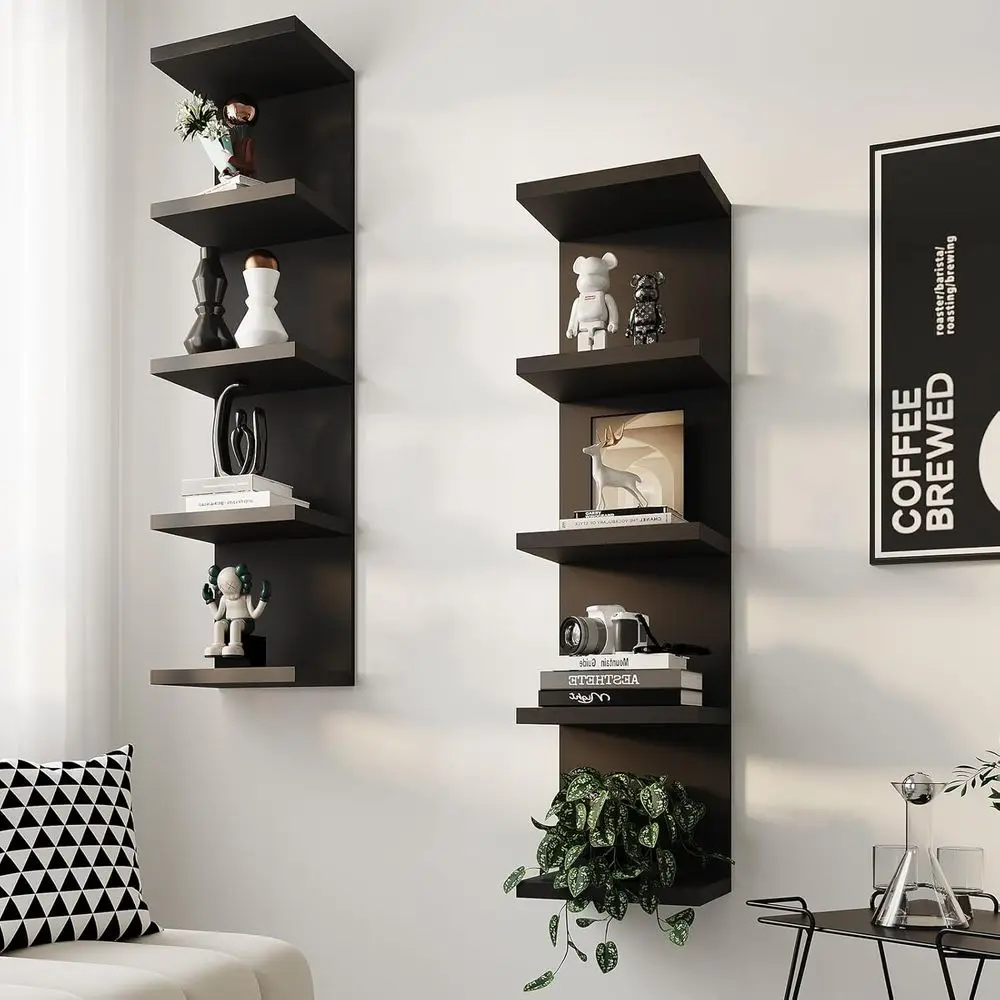 Set of 2 Black 5-Tier Floating Shelves, Wall Mounted Display Rack