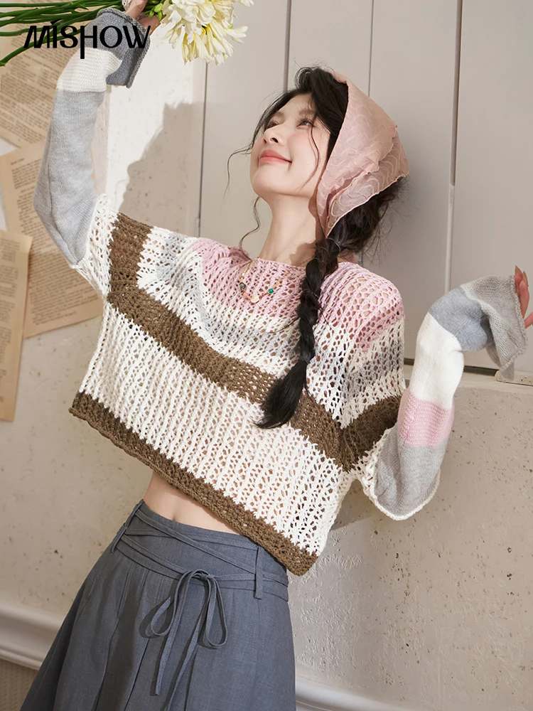 MISHOW Short Striped Contrast Patchwork Knitted Top Spring Autumn Lazy Style Flare Sleeve Loose Sweater Streetwear MXD11Z0390