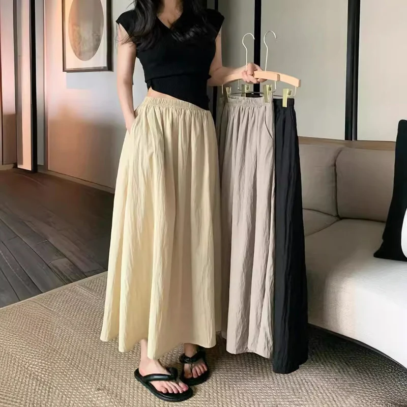 

TFETTERS Brand 2025 Vintage Summer Women Skirt A-line Long Fold High Elastic Waist Solid Color Lazy Casual Beach Skirt Ladies