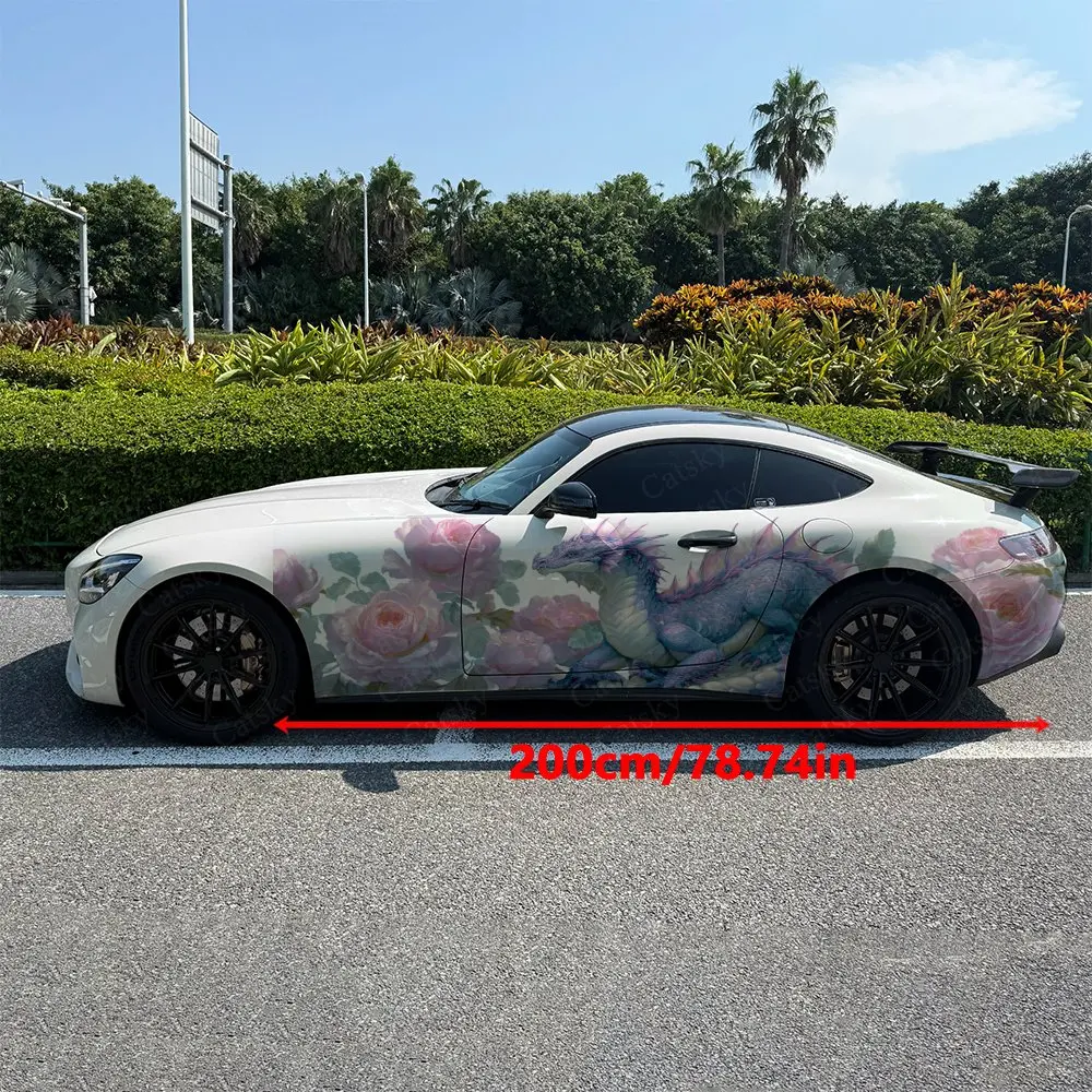 2pcs Dragon with Pink Peony Clusters Car Side Wrap, Self-Adhesive PVC Waterproof & Scratch-Resistant Sticker, Car Accessory Gift