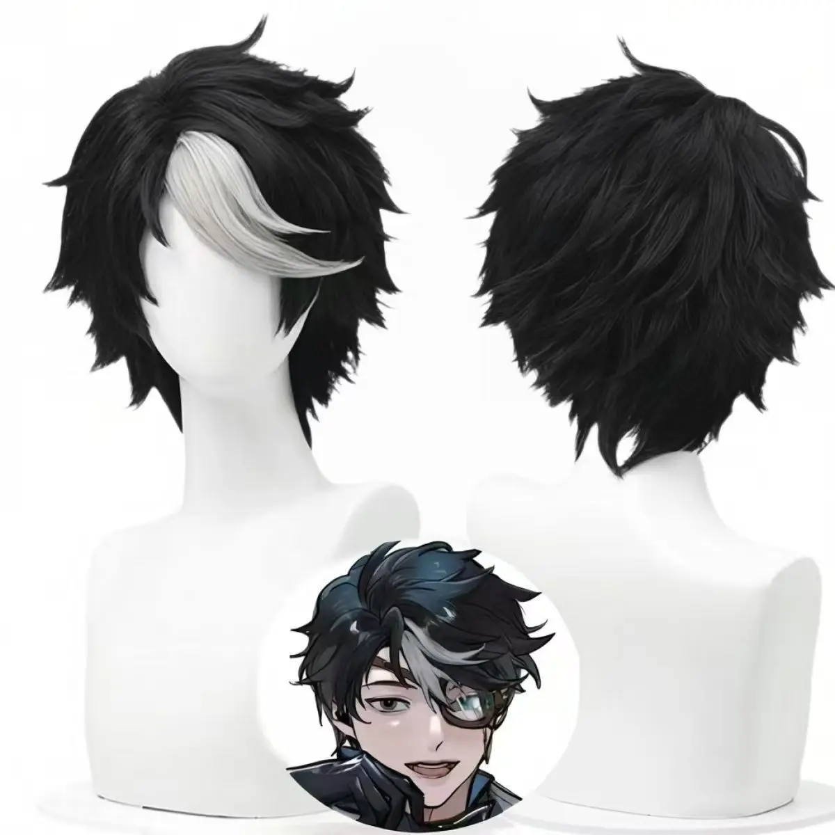 Game Identity V Seer Yi Lai Dark Cosplay Wig Black White Split Color Short Fluffy Layered Synthetic Hair Wig for Halloween