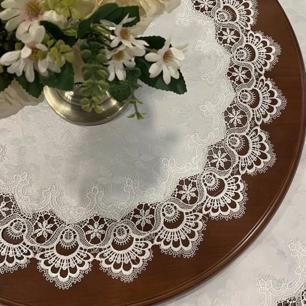 Luxurious Lace Floral Tablecloth Polyester Fabric Round Table Cover Vintage Style Dustproof Home Decoration Dining Mat