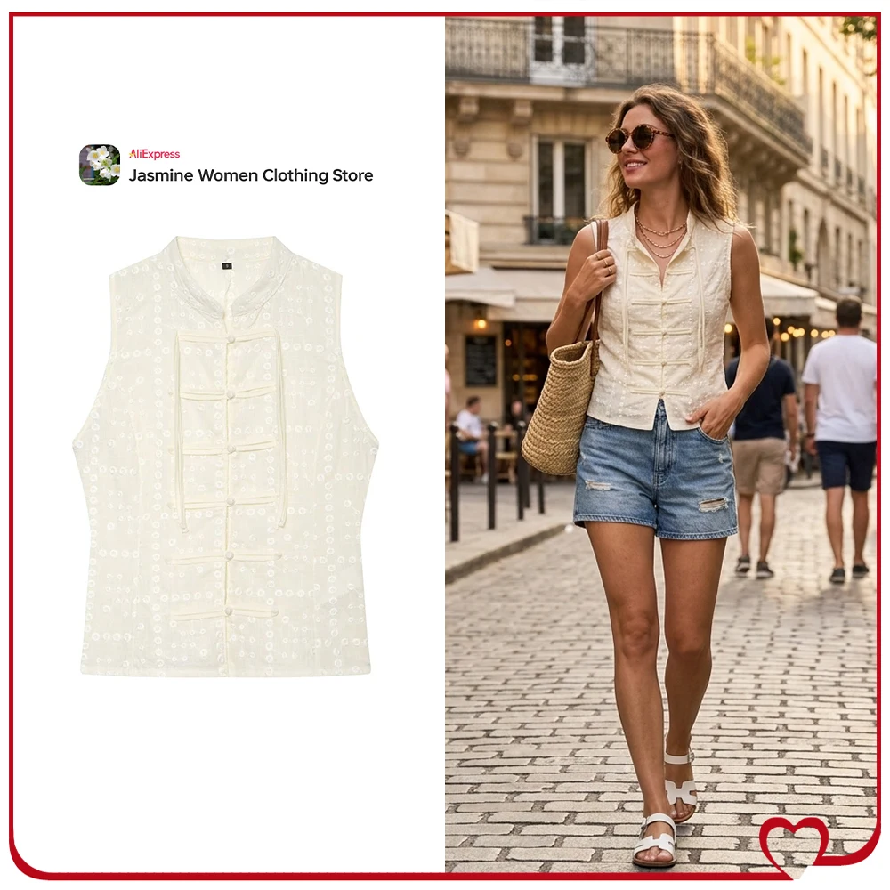 New in Summer Fabulous Embroidered Eyelet Buttoned Tops for Women Elegant Fashion Round Neck Sleeveless Tops with Frog Fastening
