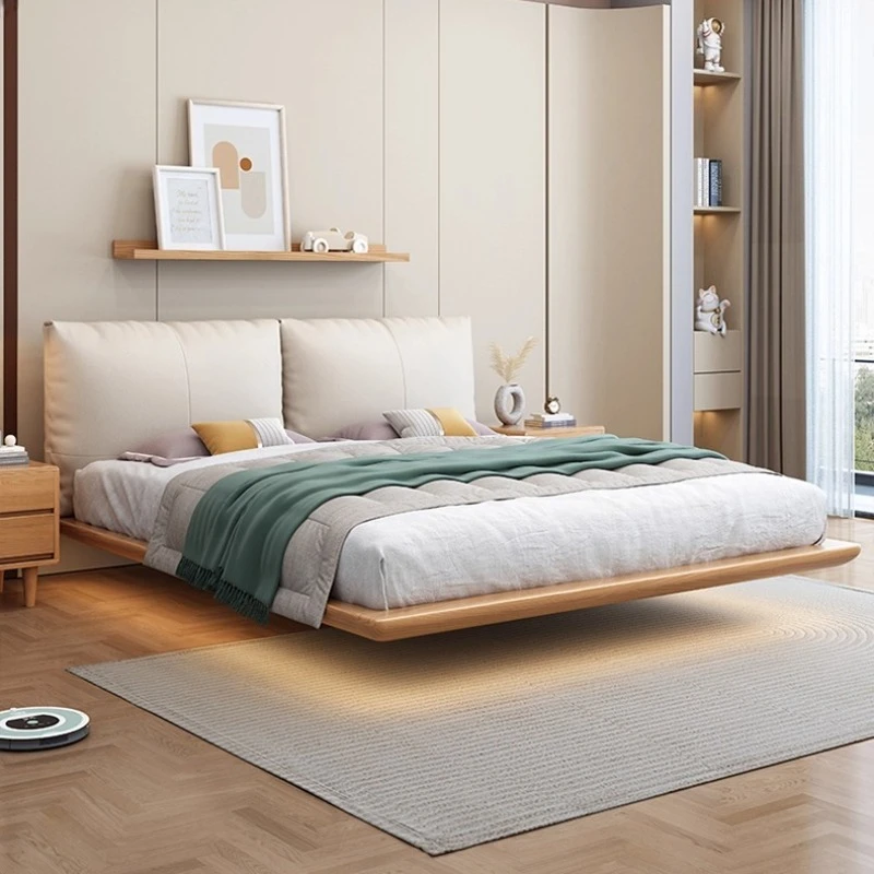 Nordic all solid wood suspended bed with lamp Double bed 2 people 150x200 180x200 cm Beds bases and frames Bedroom Furniture