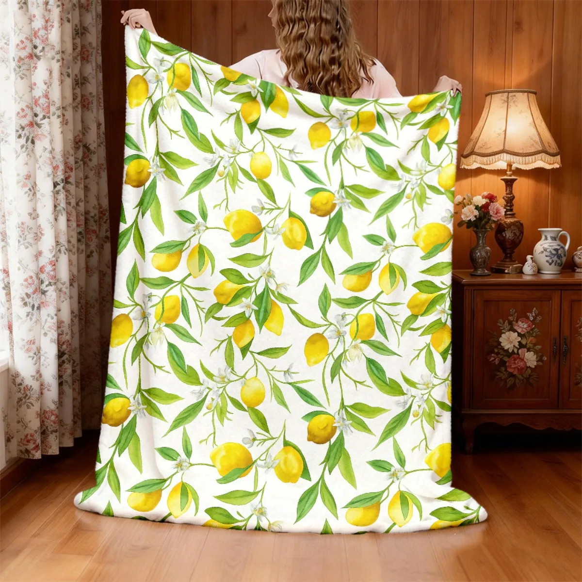 1pc Glam Style Reversible Polyester Throw Blanket with Green Lemon Pattern All Seasons Soft Warm Digital Print Nap Blanket for H