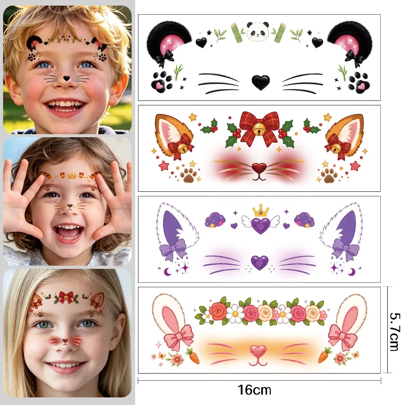 New Cartoon Animal Face Tattoo Stickers for Kids,Cat Dog Nose Whiskers Temporary Body Art,Halloween Costume Party Decoration