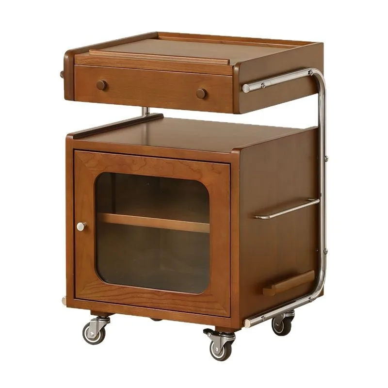 Solid wood medieval bedside table robot trolley bedroom storage mobile shelf retro living room