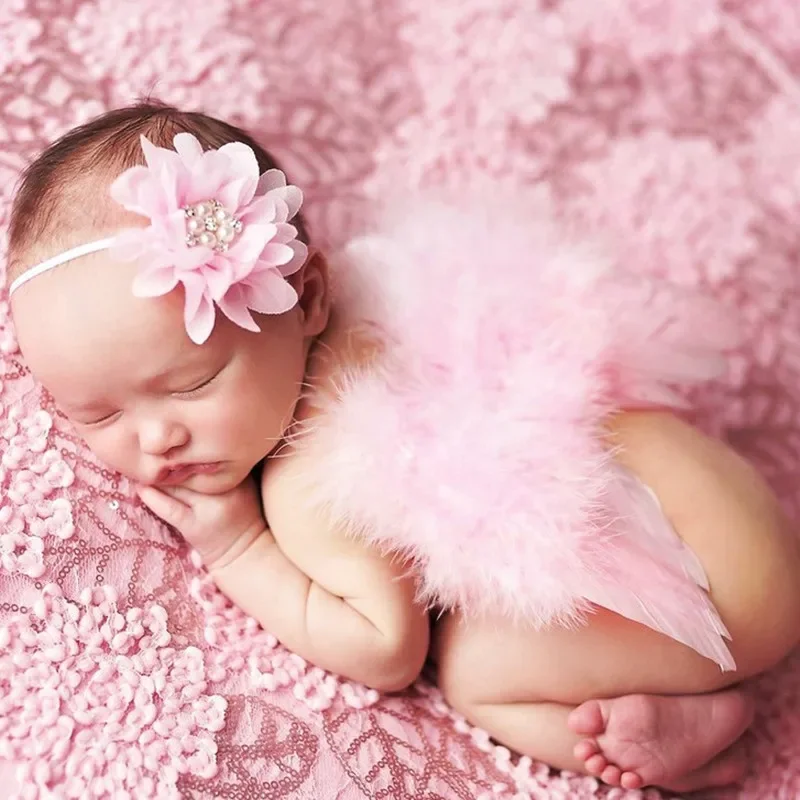 2 teile/satz schöne neugeborene Engel Feder flügel mit Baby Mädchen Chiffon Blume Stirnband Haarschmuck für Kinder Fotografie Requisiten