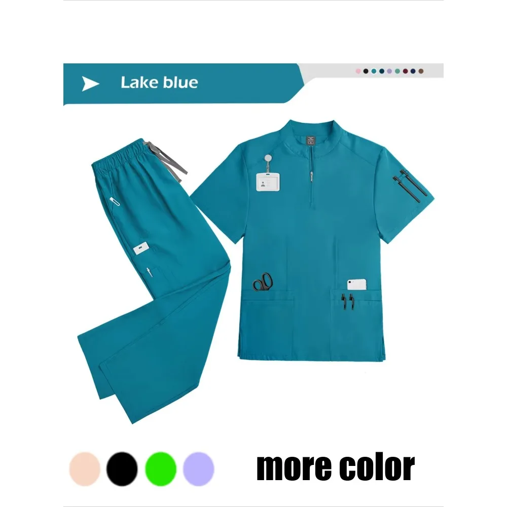 Men Stand Collar Half Zip Work Suit, Short Sleeve Top & Drawstring Waist Straight Pants, Stretch Breathable Durable Work Outfit